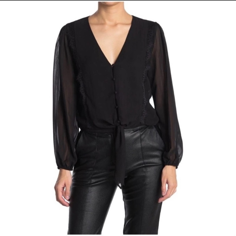WAYF Lace Trim Knotted Long Sleeve Blouse In Black Sz. M